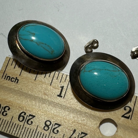 ❌SOLD❌ Vintage Handmade Large Turquoise Stud Earrings Solid 925 Sterling Silver - Picture 11 of 15